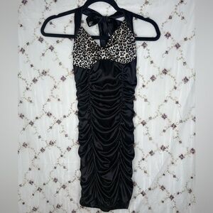 Taboo Black and Leopard Print Halter Dress